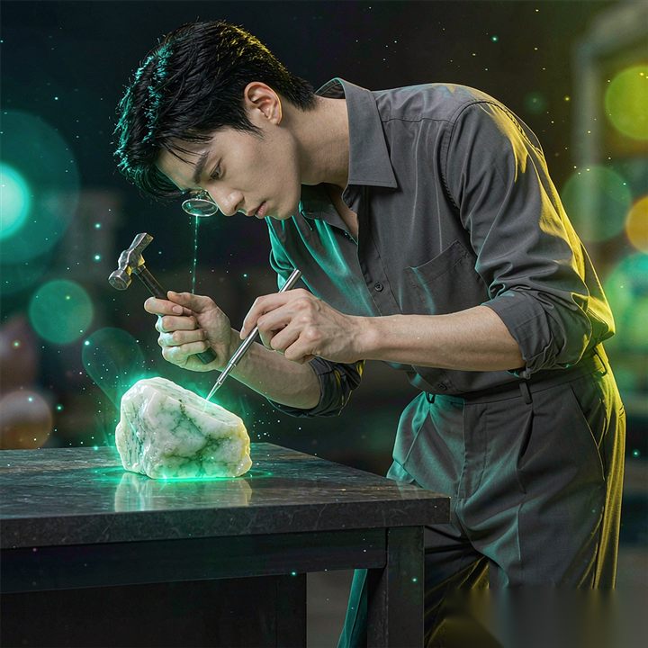 镜琪理念：一人低头凝神，以錾雕琢发光璞玉——以镜观照，以玉雕琢